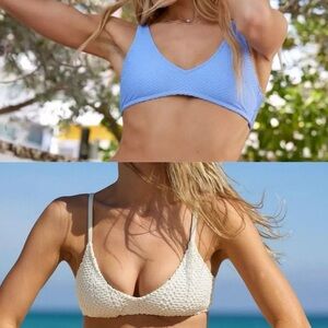 NWOT Two Aerie Large Bikini Tops Textured Blue & White